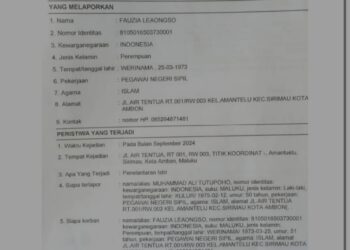 Diduga KDRT, Pegawai ASN Dinas Koperasi dan UMKM Maluku Dipolisikan